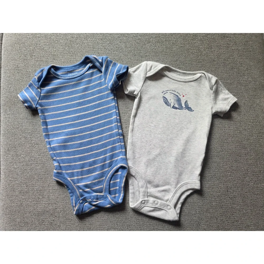 Carters Baby Boys 3M‎ Bodysuit Lot 2 Blue Striped Gray Whale All American Cutie
